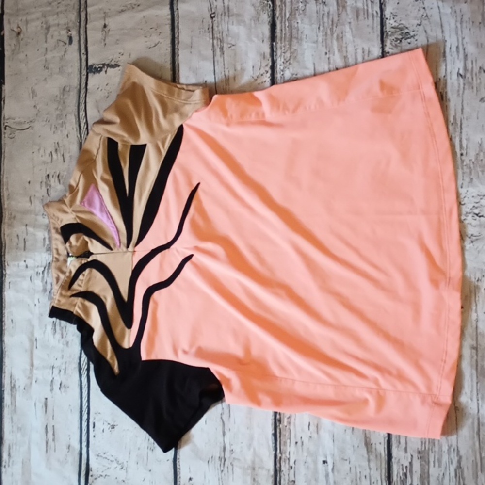 Jamie Sadock Peach Tan Black Abstract Print Zipper Tee Top S